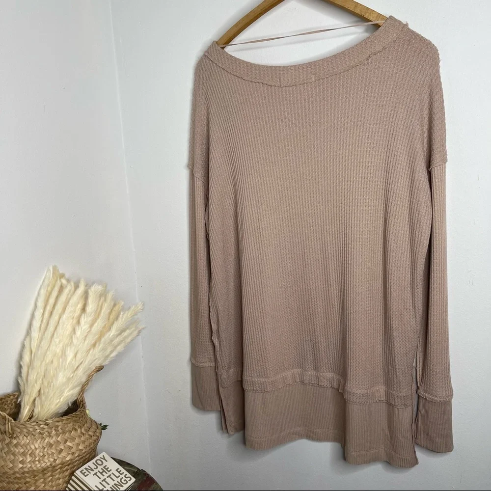 Free People Sand North Shore Thermal Knit Tunic Top  Oversized Sz L